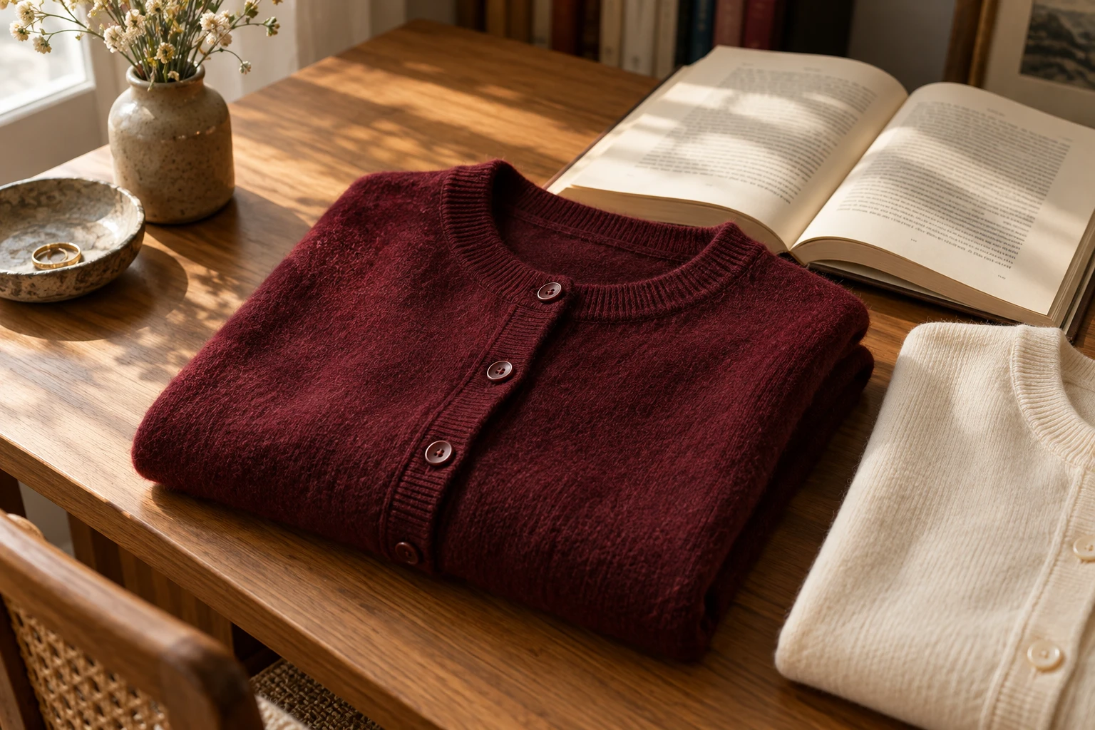 Folded burgundy and cream cardigans beside an open book