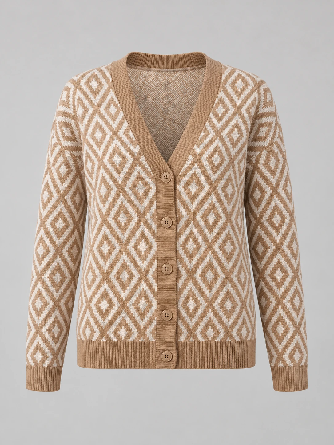 Courtyard Diamond Cardigan in Camel / cream