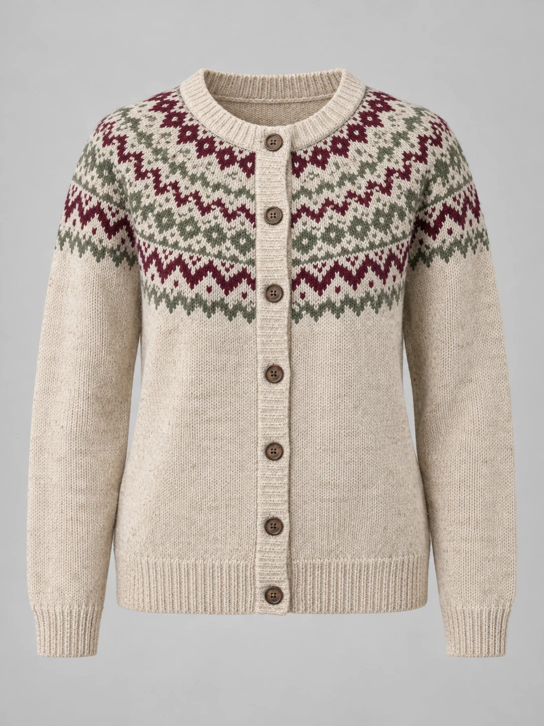 Orchard Fair Isle Cardigan in Oatmeal / burgundy / sage