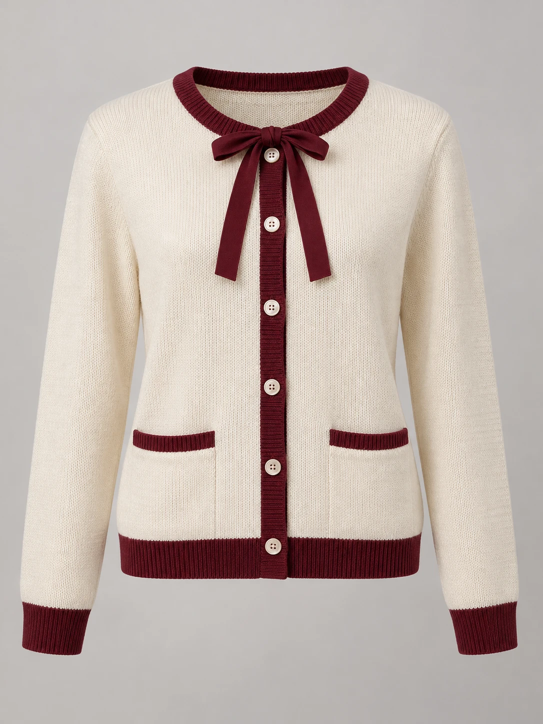Ribbon Hour Cardigan in Cream / burgundy